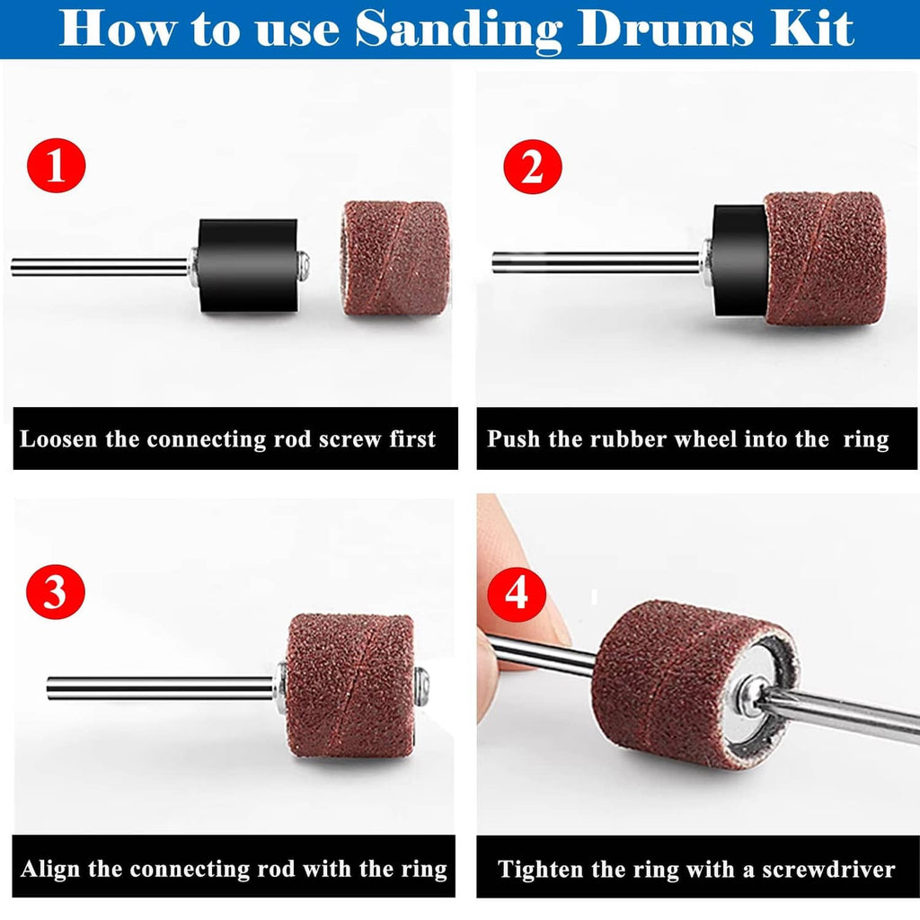 Maroon sanding drum mounted on a metal spindle in an assembly step diagram