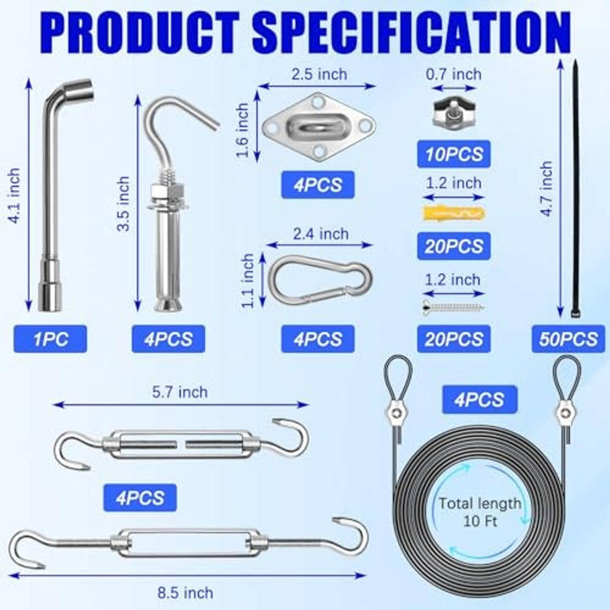 Sun shade sail hardware kit set with 10 ft coiled wire and mixed anchor parts