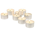 White unscented tea light candles with flames, arranged in a group