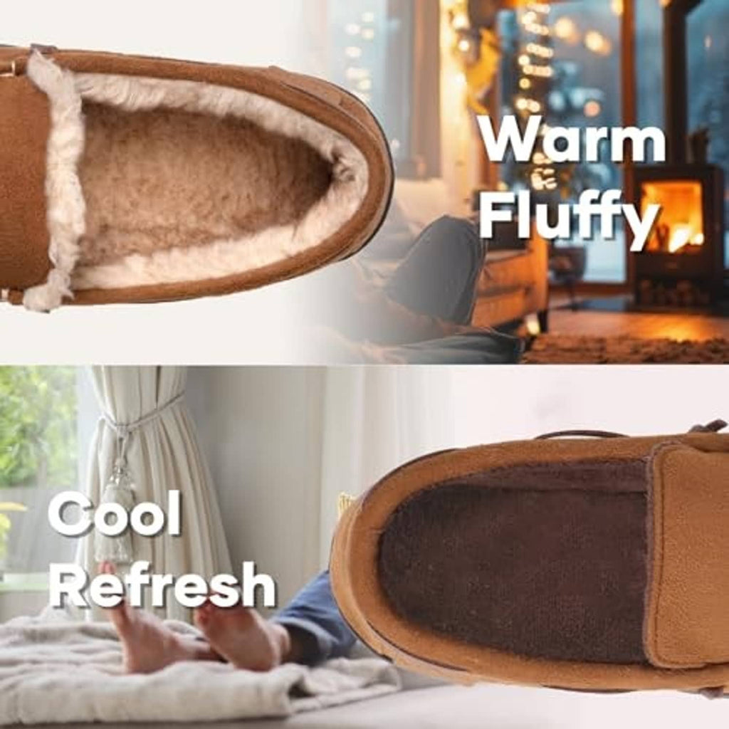 Men's camel suede moccasin slippers showing dark lining and padded collar opening.