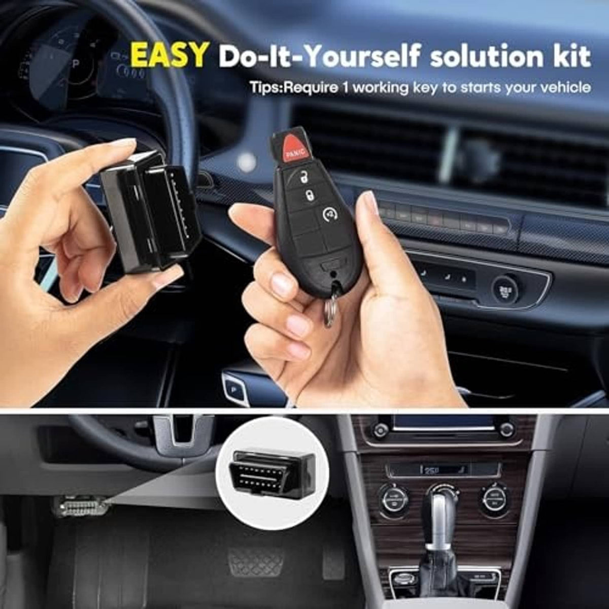 Hands installing key fob remote inside car center console near steering wheel