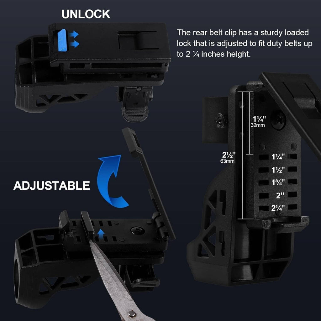 Black adjustable duty belt clip holder with lock and multiple height settings