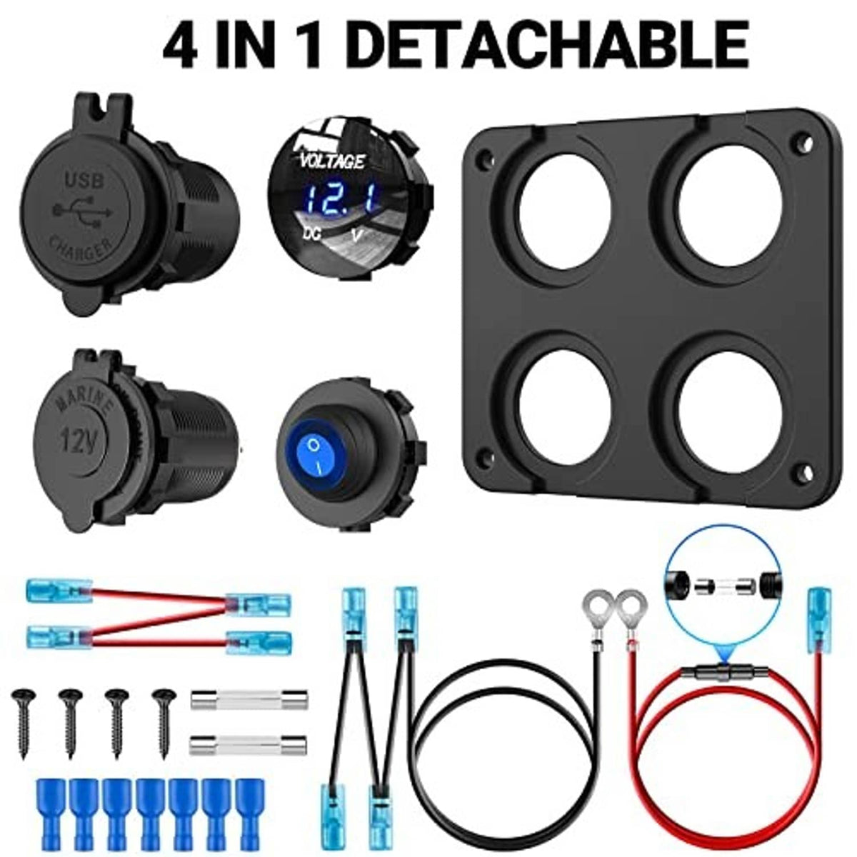 4-in-1 detachable car charger panel with USB and DC 12V outlets, accessories included