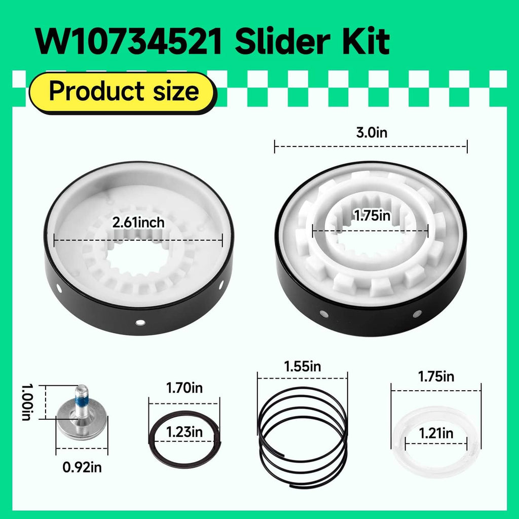 Washer clutch kit diagram with measurements of white hub, black base, and coil spring