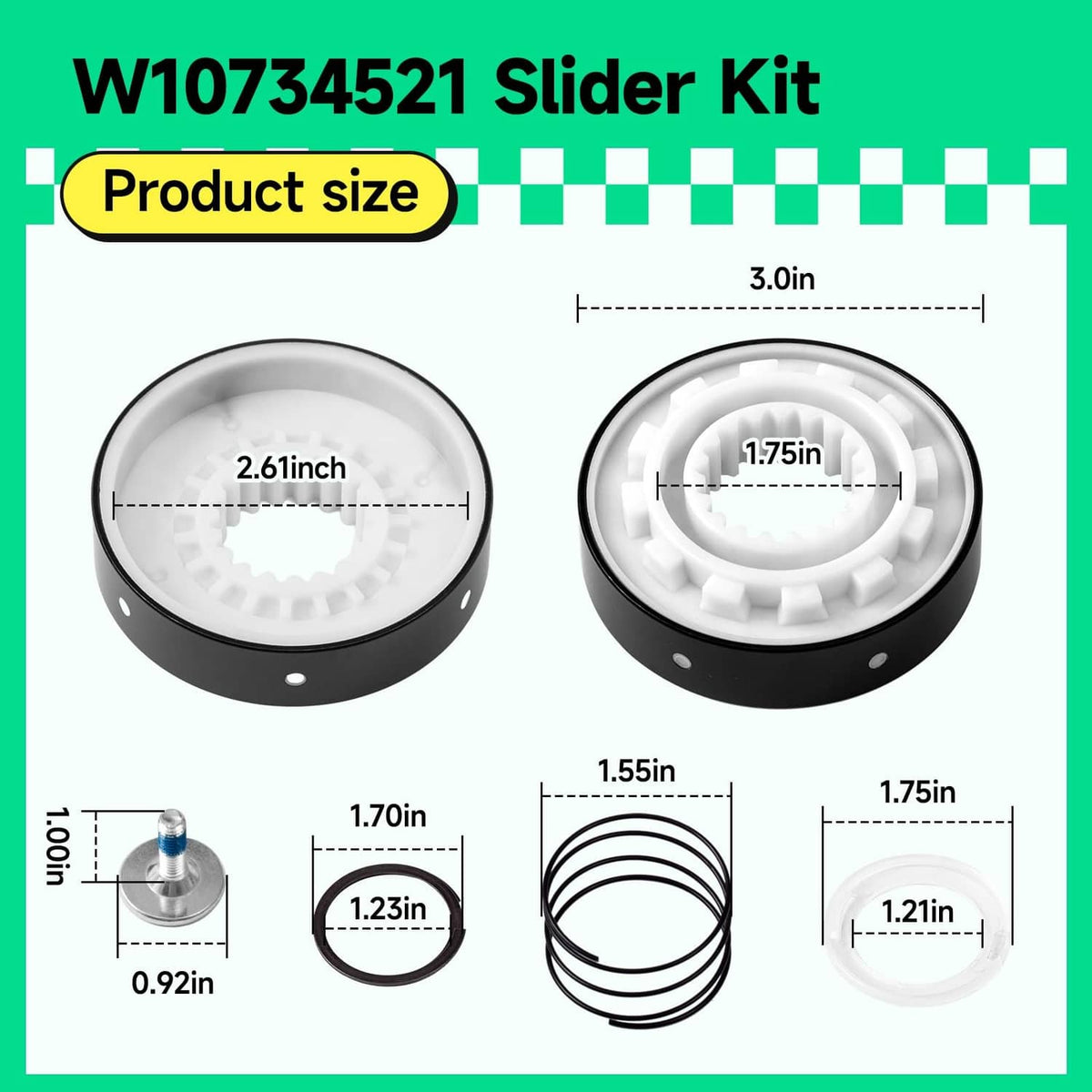Washer clutch kit diagram with measurements of white hub, black base, and coil spring