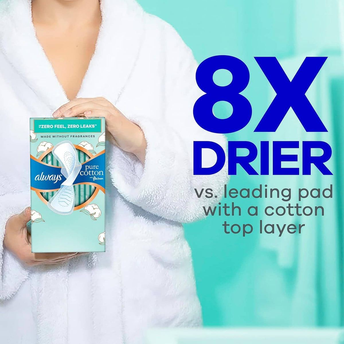 Feminine pads box held in hand with 8x drier vs leading cotton pad