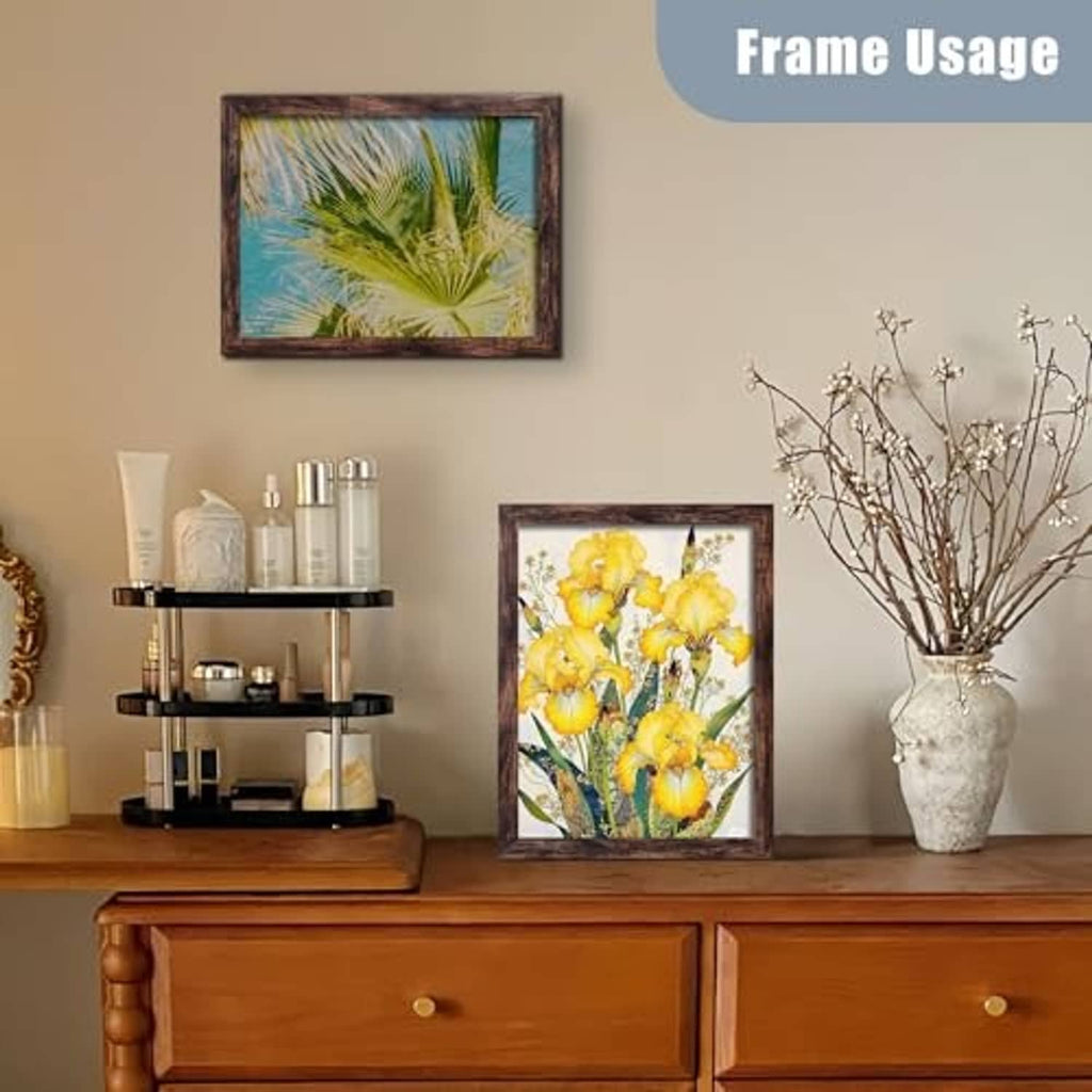 Brown wall picture frames with botanical and floral prints, two frames on display