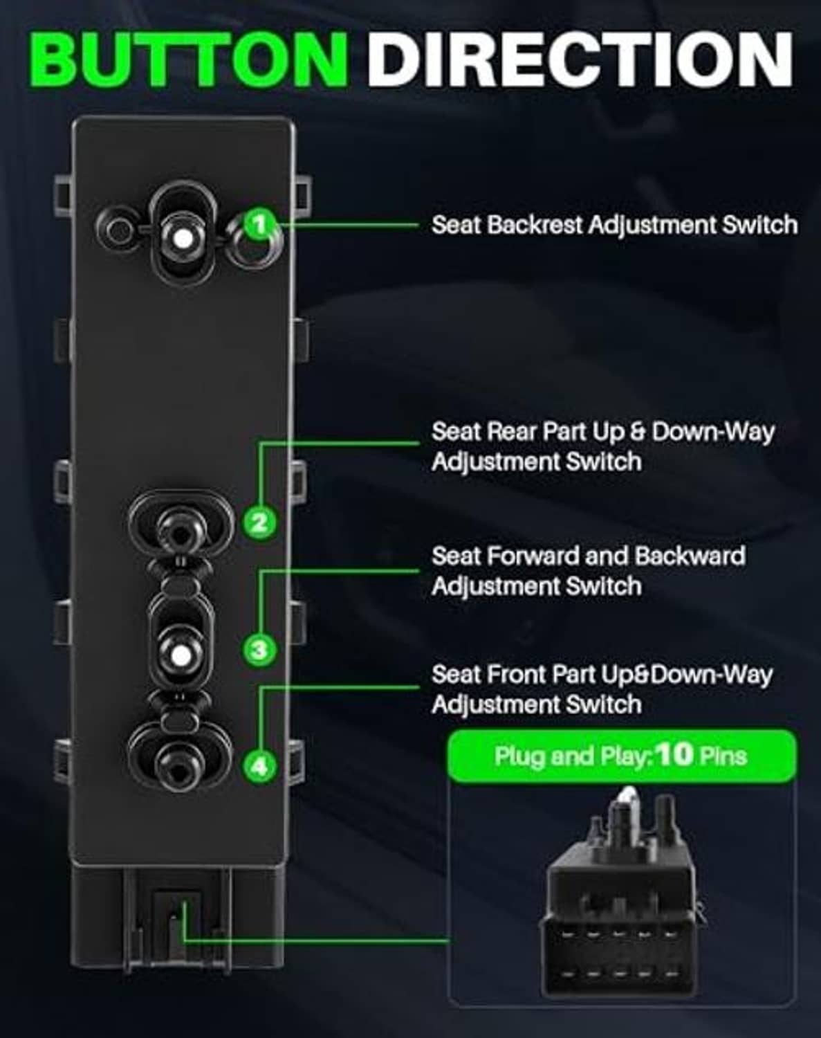 Power seat switch button direction diagram with labeled adjustment positions