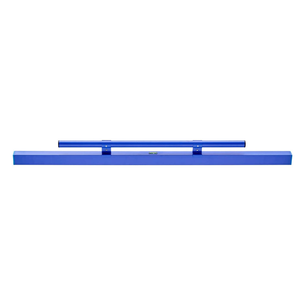 Blue manual concrete screed board with long leveling blade and central frame brace