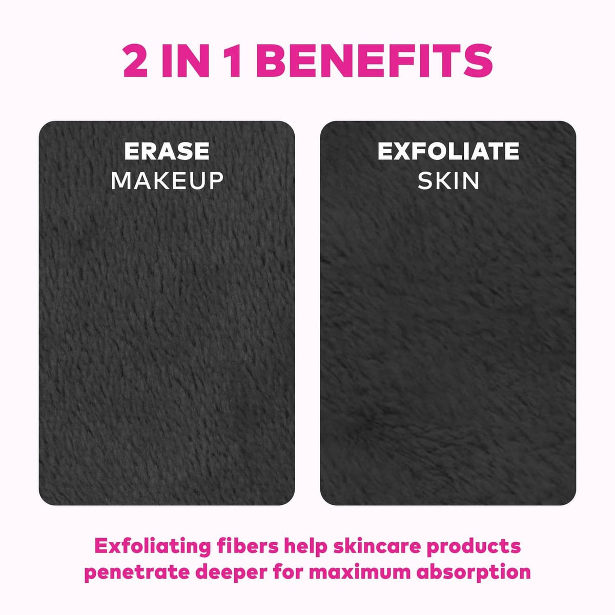 Two black MakeUp Eraser cloths labeled for erase makeup and exfoliate skin.