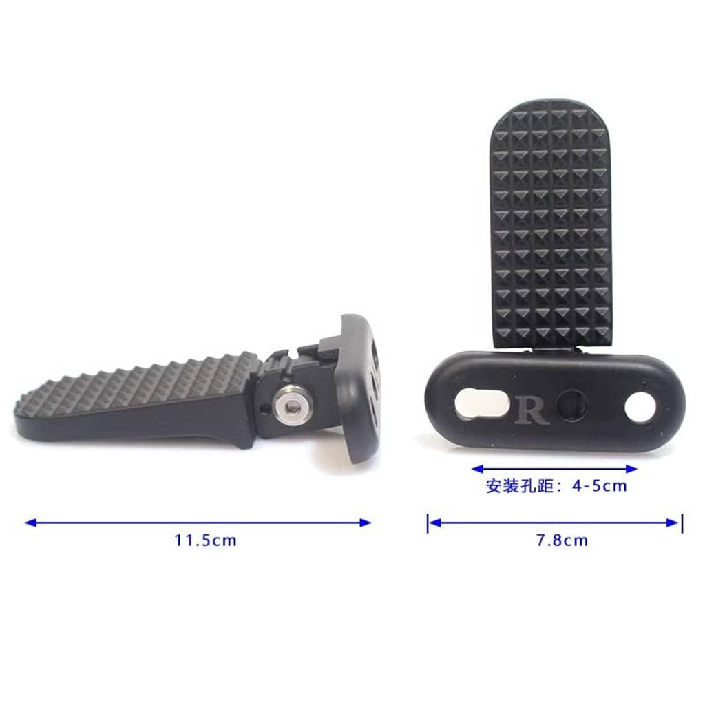 Black rear passenger foot pegs with textured pads and round mounting posts