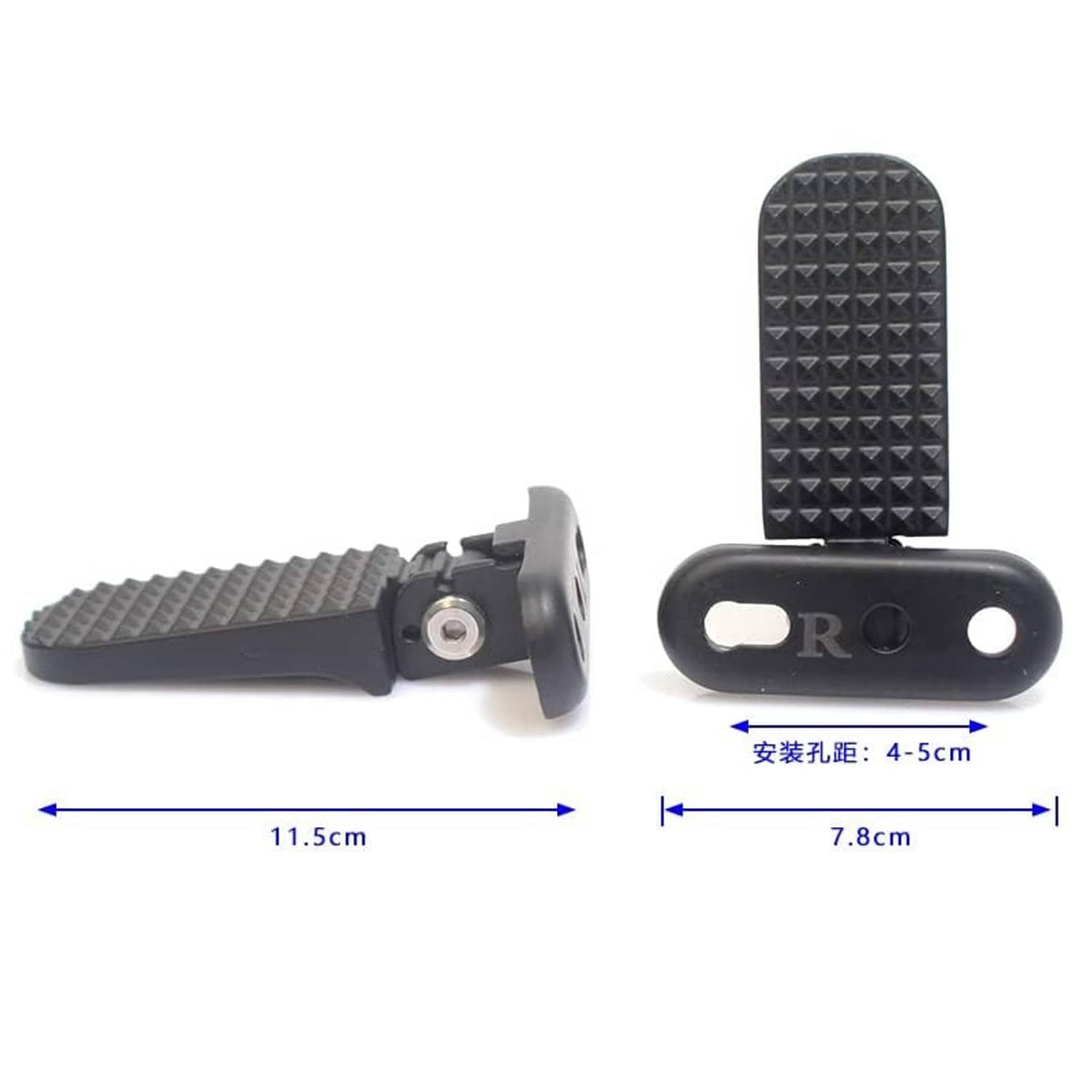 Black rear passenger foot pegs with textured pads and round mounting posts