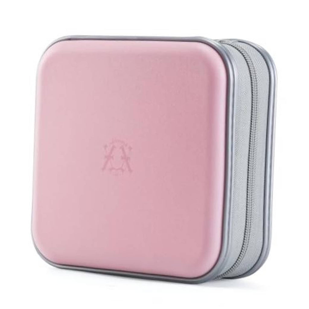 Light pink hard-shell CD case with zipper closure, front view, gray zipper trim