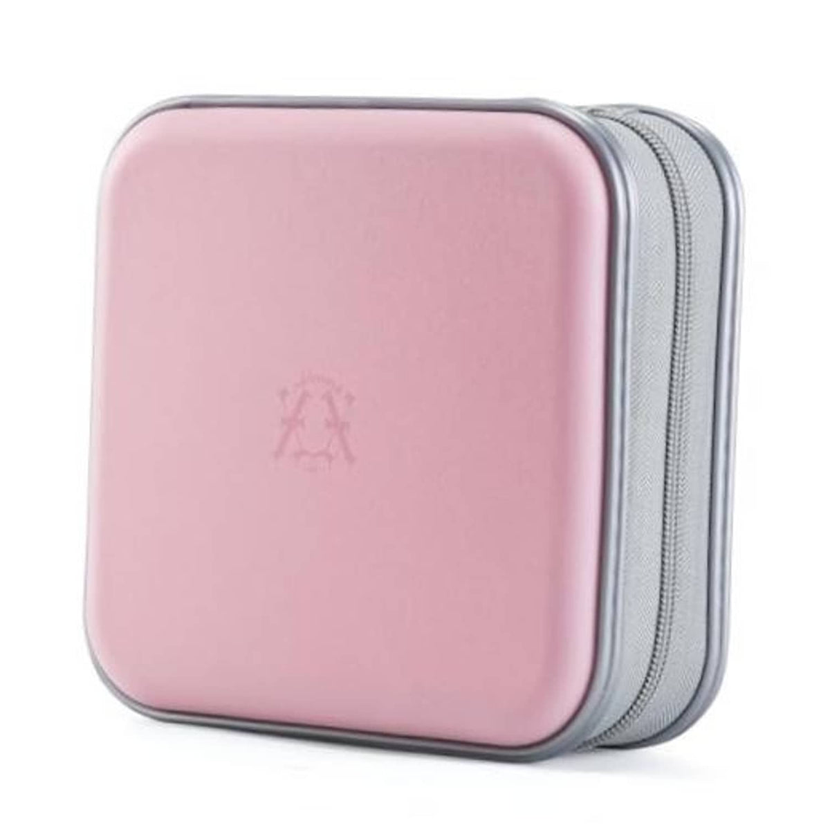 Light pink hard-shell CD case with zipper closure, front view, gray zipper trim