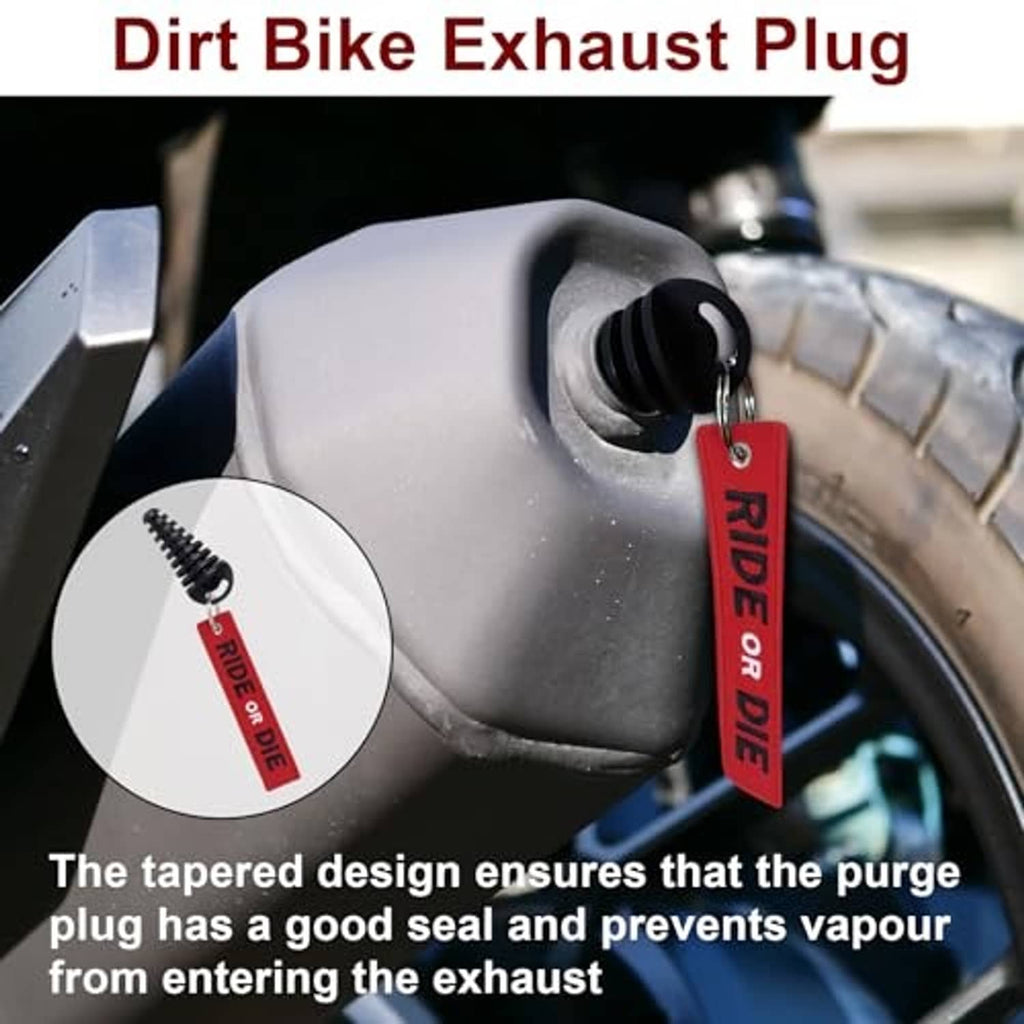 Dirt bike exhaust plug inserted at muffler inlet, black tapered body with red 'RIDE OR DIE' tag
