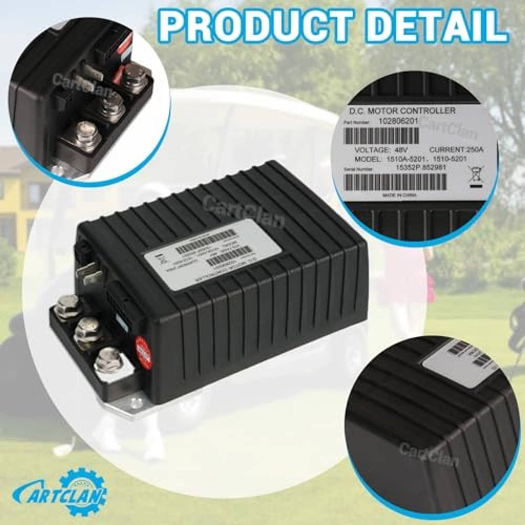 Black DC motor controller with vented housing; close-up of top label and screw terminals