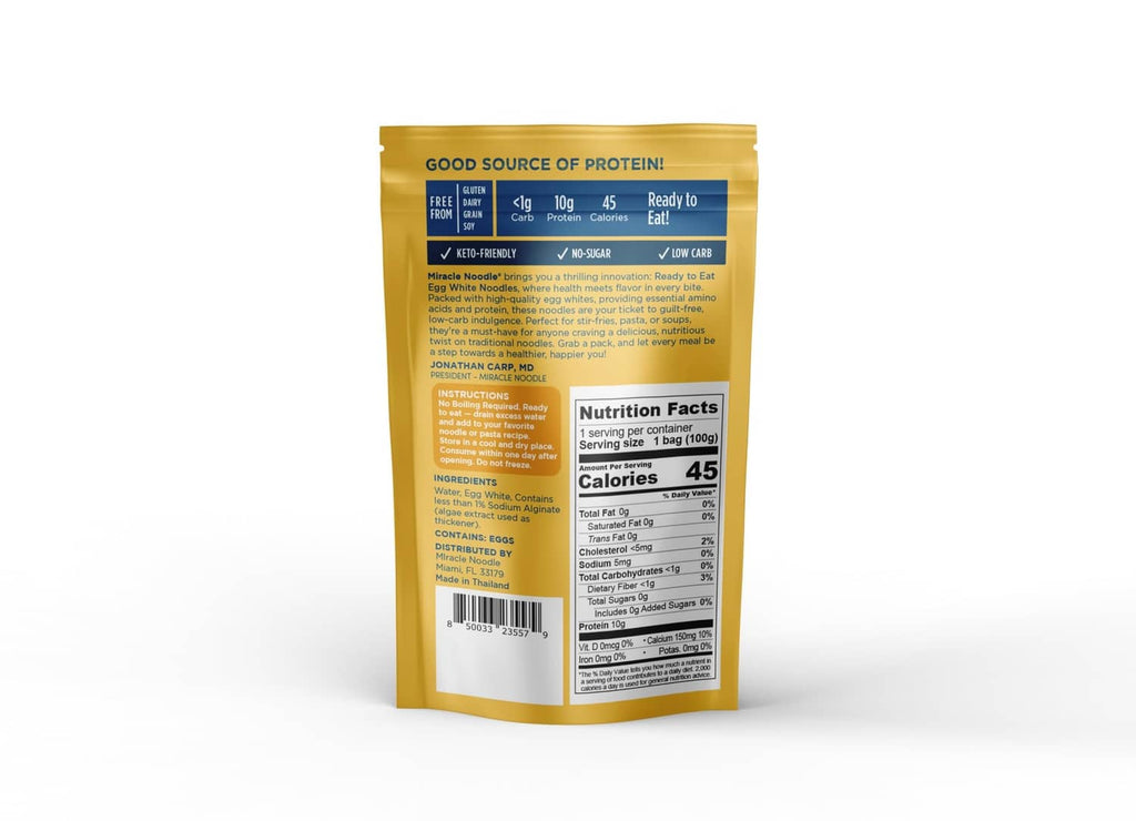 Miracle Noodle egg white spaghetti noodles pouch back with nutrition facts panel