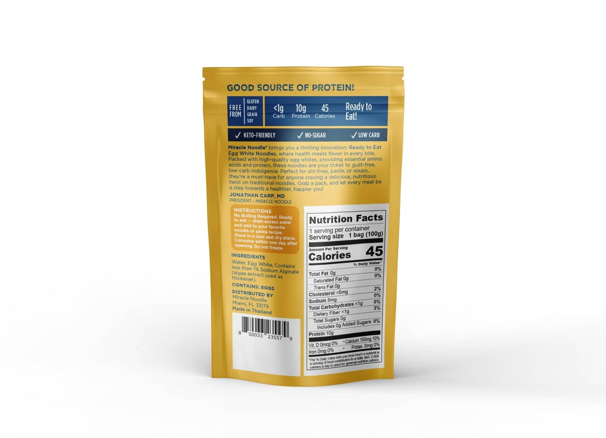 Miracle Noodle egg white spaghetti noodles pouch back with nutrition facts panel