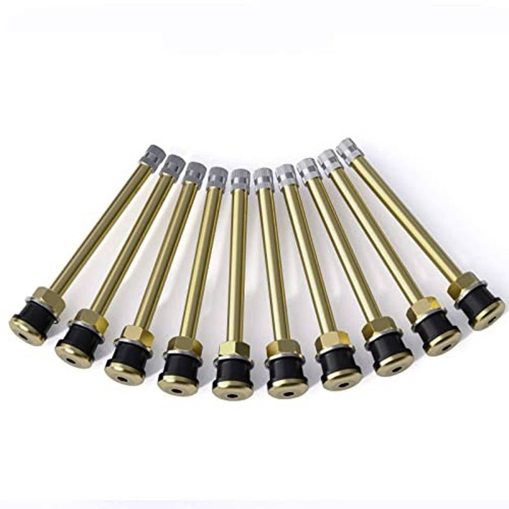 Brass tire valve stems bundle with silver valve caps and black rubber bases