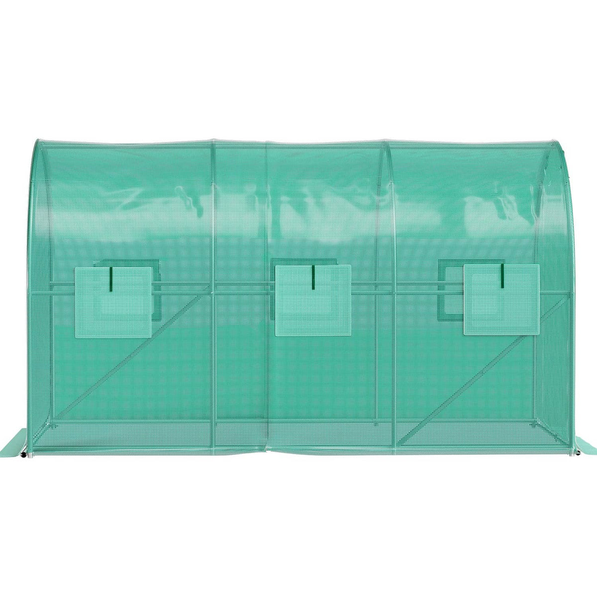 Tunnel greenhouse with green translucent cover and galvanized frame, front panels