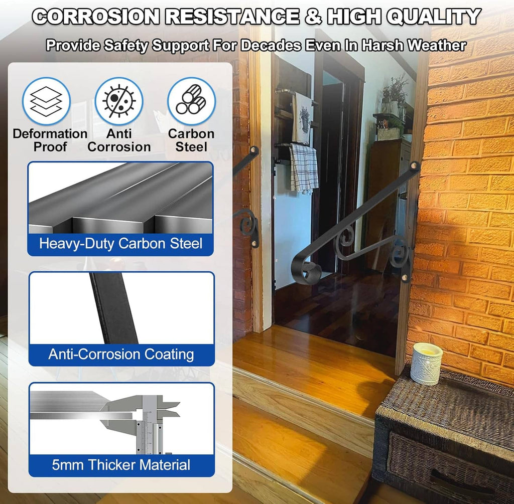 Black metal stair handrail with curved grip and mounting brackets in an entryway