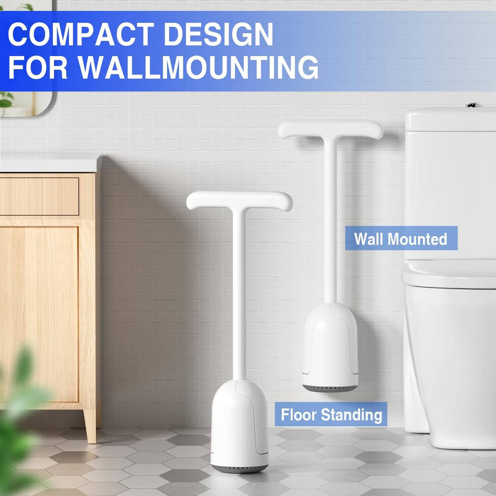 White toilet plunger with holder, shown for wall mounting or floor standing