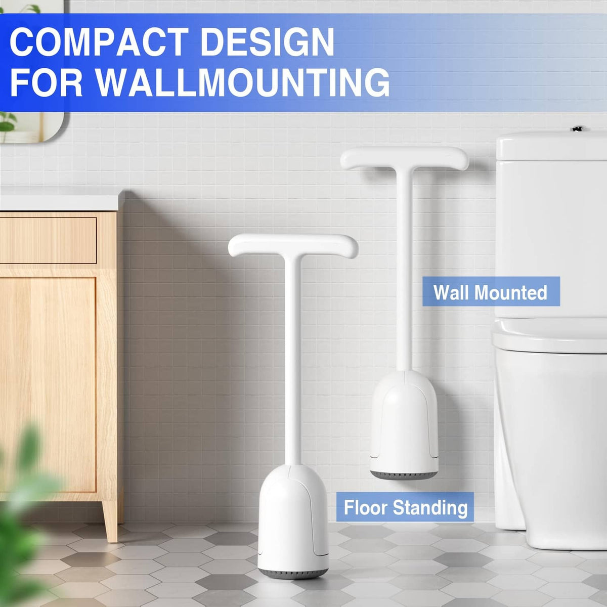 White toilet plunger with holder, shown for wall mounting or floor standing