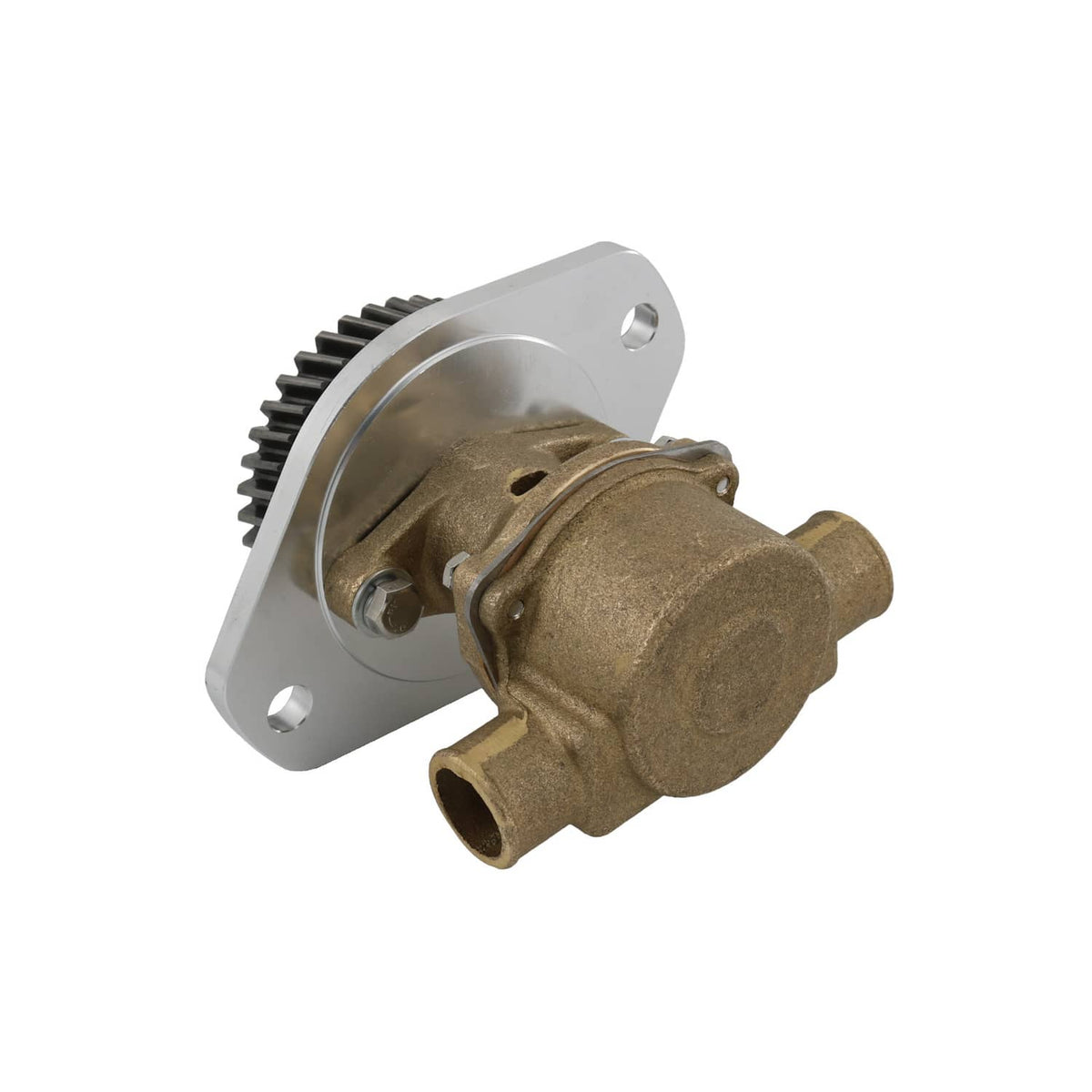 Raw water pump with bronze inlet, silver mounting bracket, and toothed gear wheel