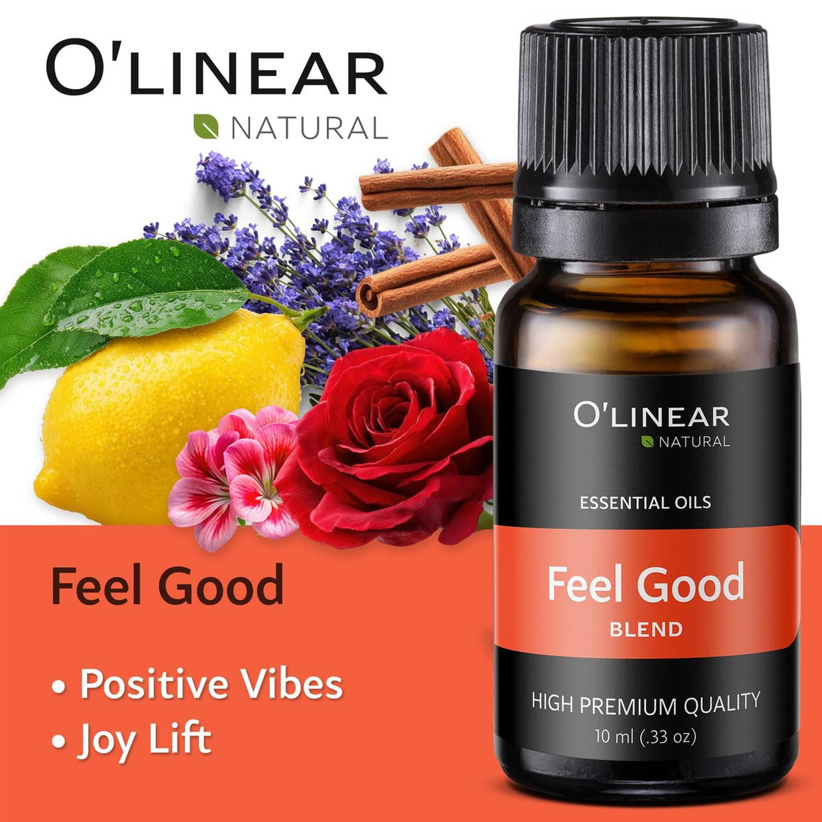 Essential oil blend bottle with ribbed black cap; dark amber glass; orange Feel Good label