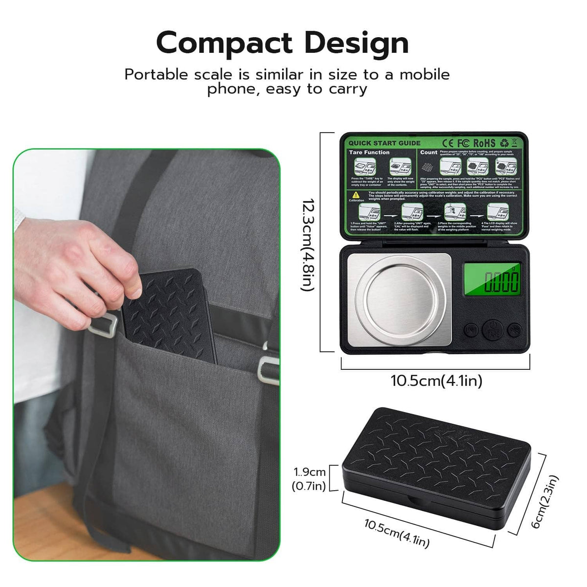 Black compact mini digital scale with round weighing pan and green LCD display