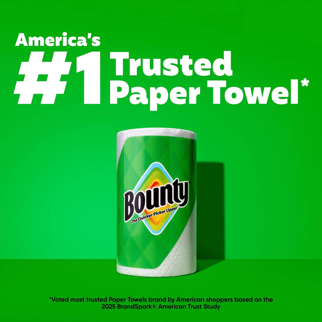 Single white paper towel roll in green packaging with Bounty label.