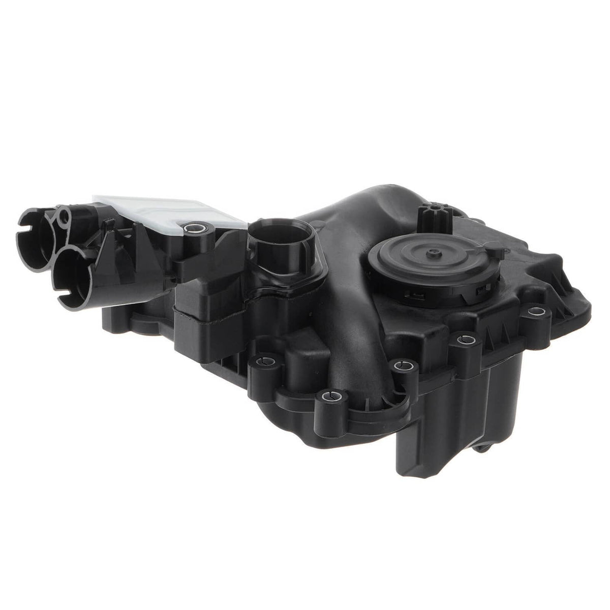 Black PCV valve assembly with circular top cover and multiple hose connection points