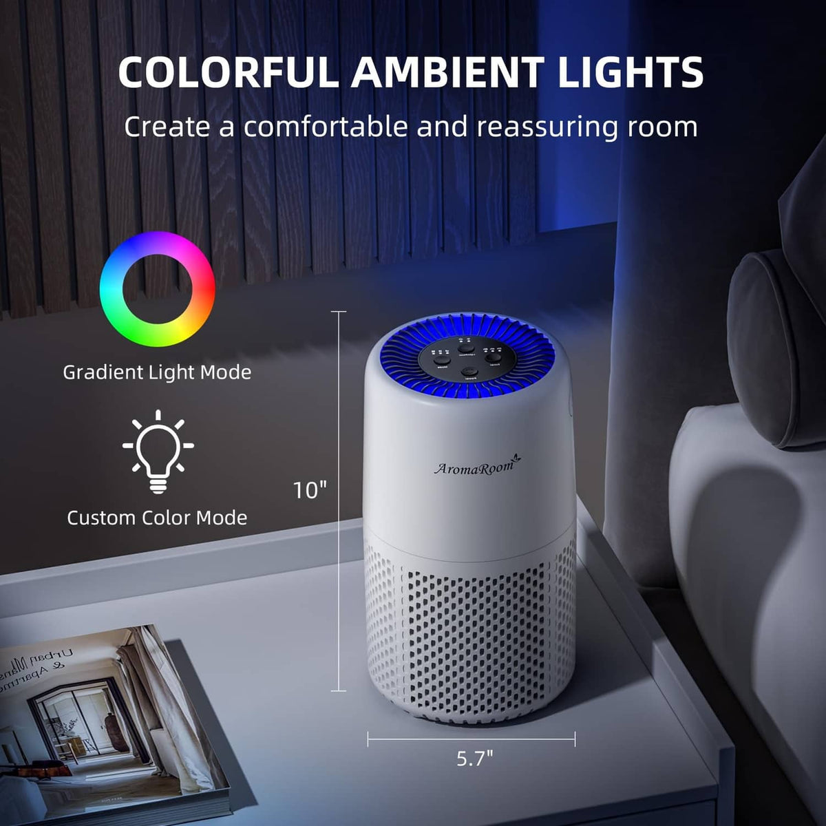 White cylindrical air purifier with blue top grille and side control knob