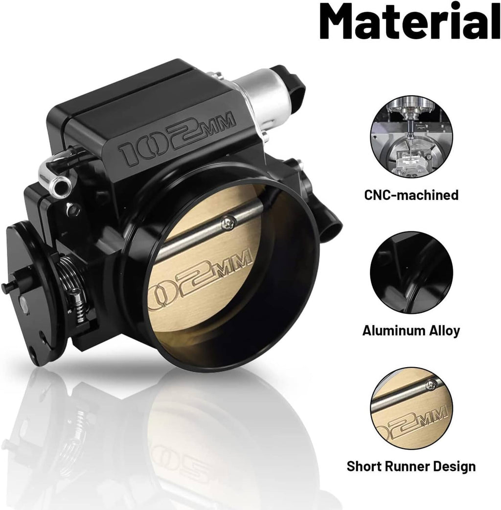 102mm aluminum throttle body with CNC-machined housing, gold bore, short runner design