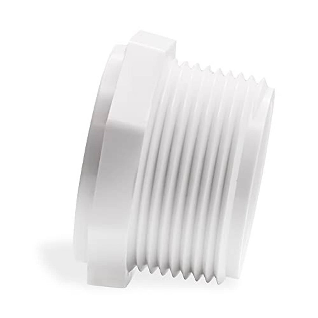 White PVC male threaded end cap, MNPT 3/4, side view showing thread detail