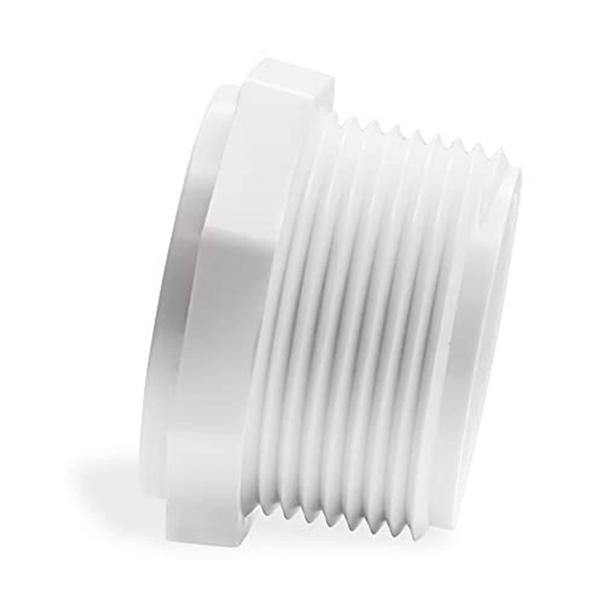 White PVC male threaded end cap, MNPT 3/4, side view showing thread detail