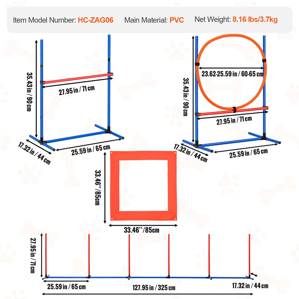 Dog agility hurdle set measurement chart showing hoop ring and red pause box