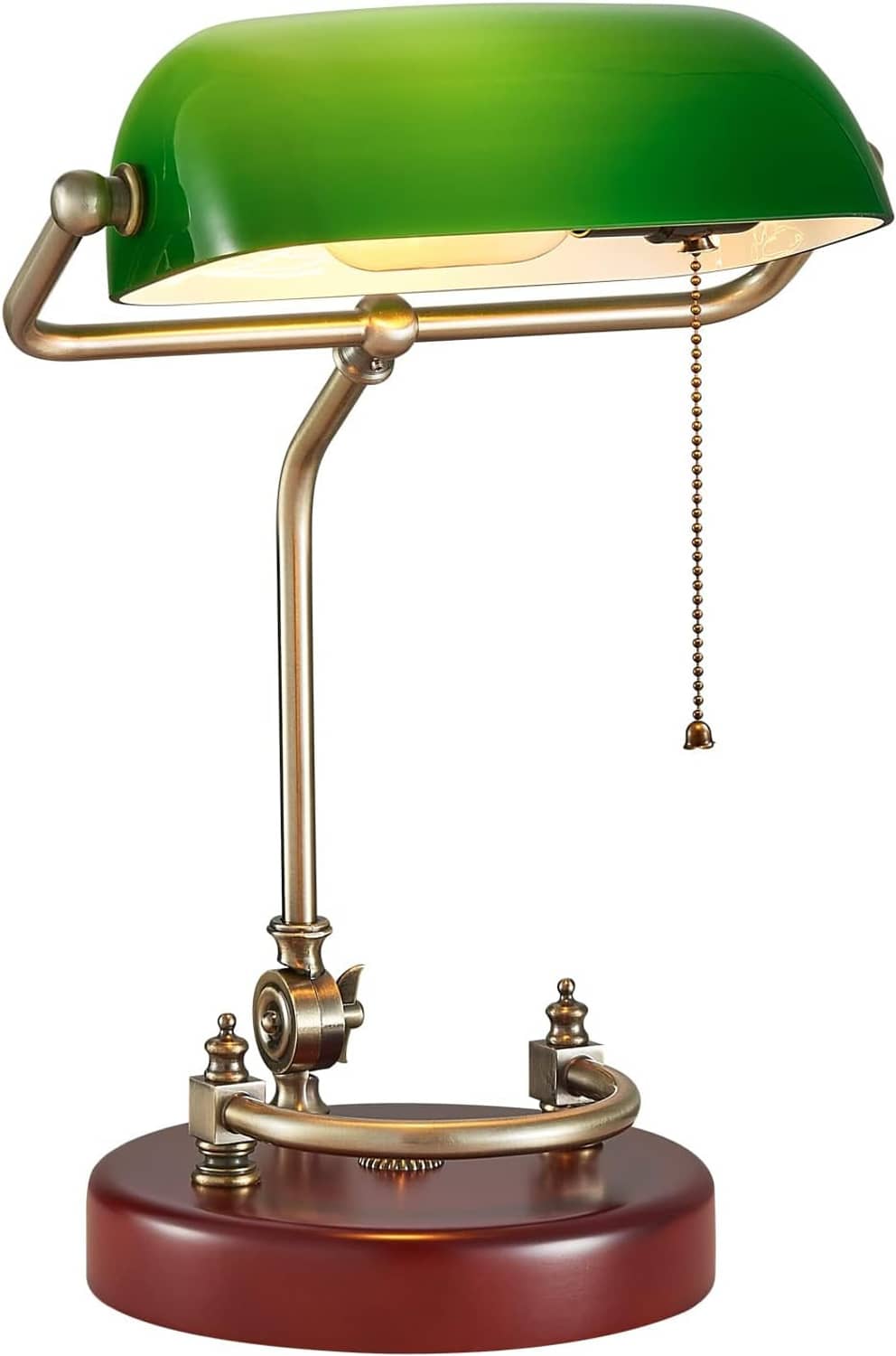 Traditional green banker desk lamp with brass base, green shade, pull chain, side knob