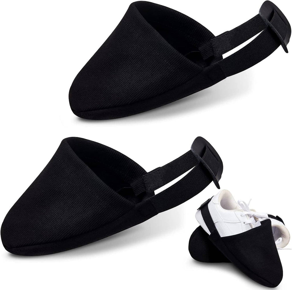 Black bowling shoe slider sock covers shown with elastic strap and cushioned sole
