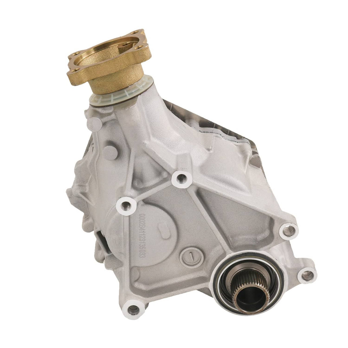 Transfer case PTO unit, rear view with brass inlet fitting and circular housing