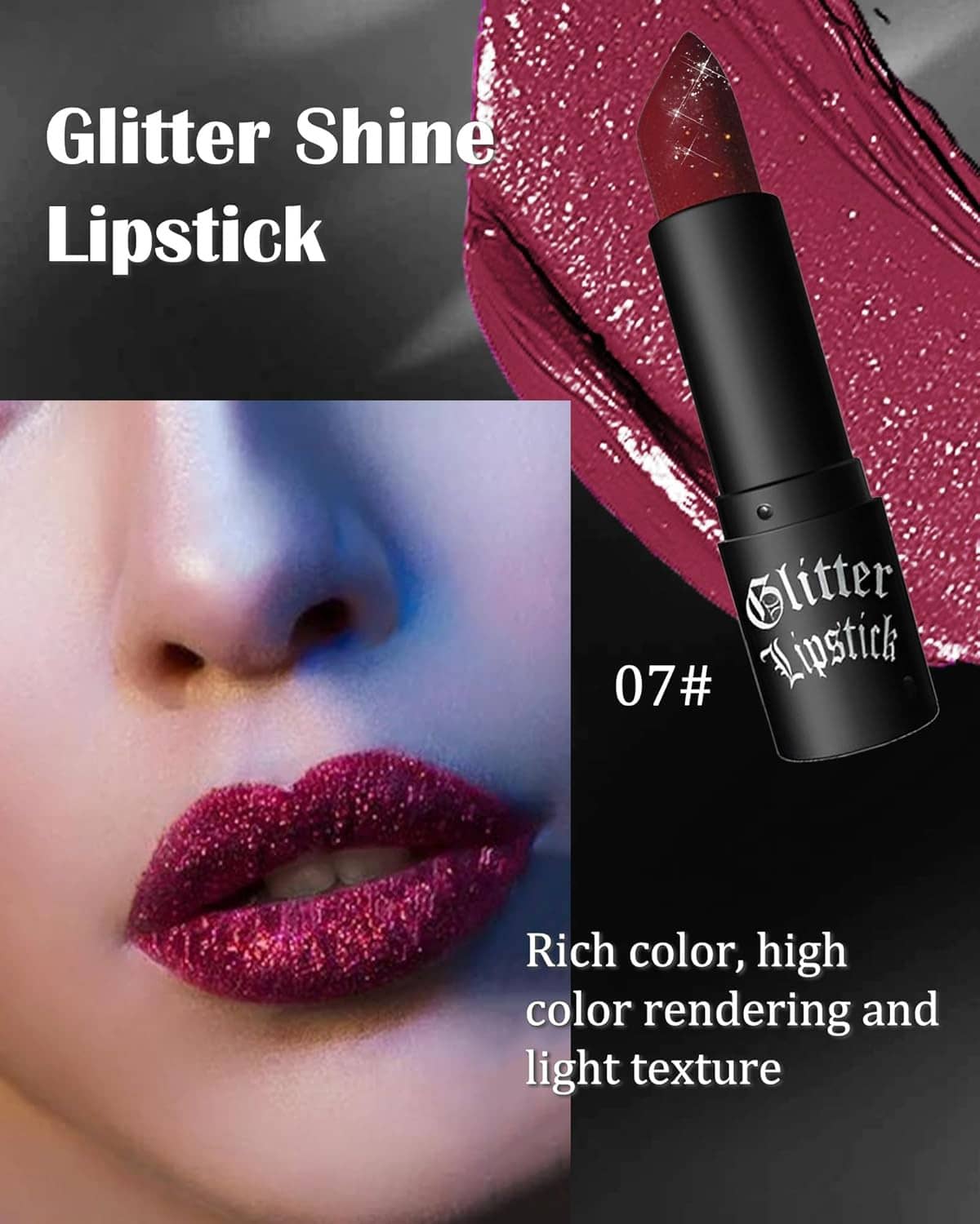 Wine red glitter lipstick in black tube, shade 07#, shown beside lip swatch