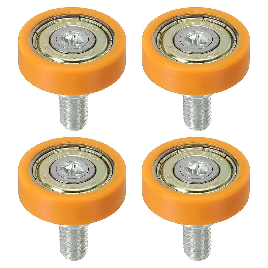 Set of 4 orange plastic drawer rollers with metal pulley wheels and threaded bolts