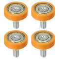 Set of 4 orange plastic drawer rollers with metal pulley wheels and threaded bolts