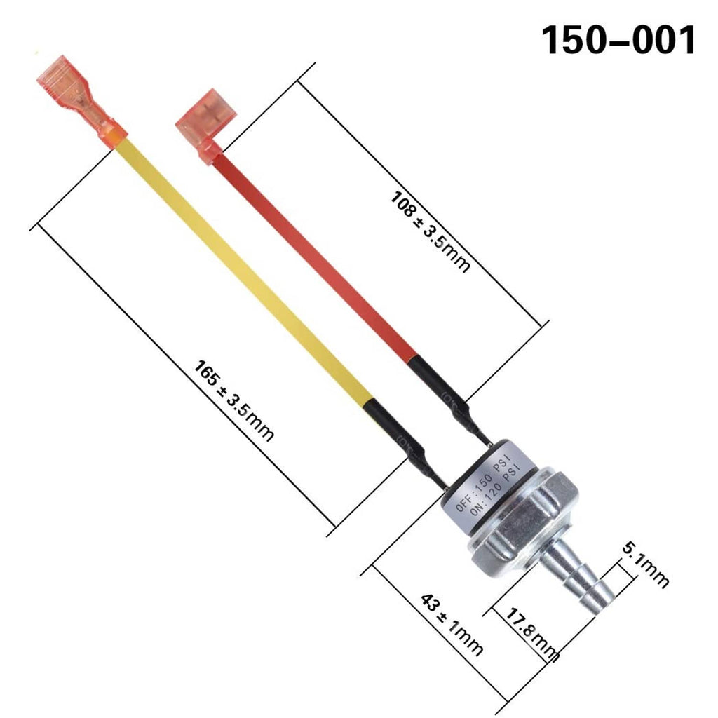Air pressure switch with metal body and color-coded lead wires, detailed size view