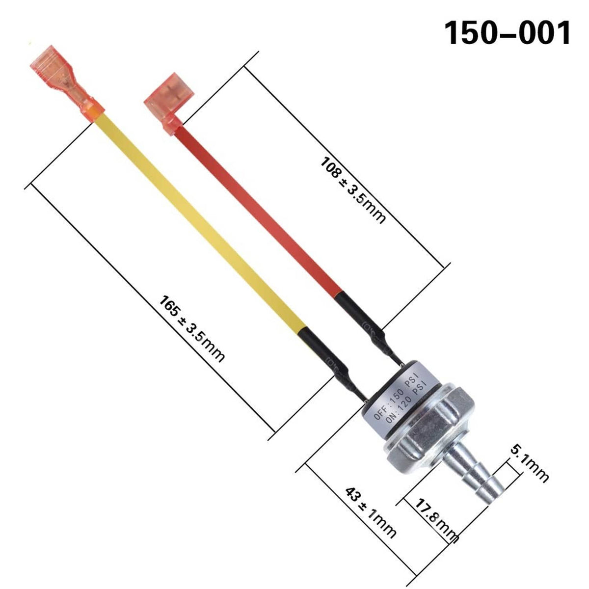 Air pressure switch with metal body and color-coded lead wires, detailed size view