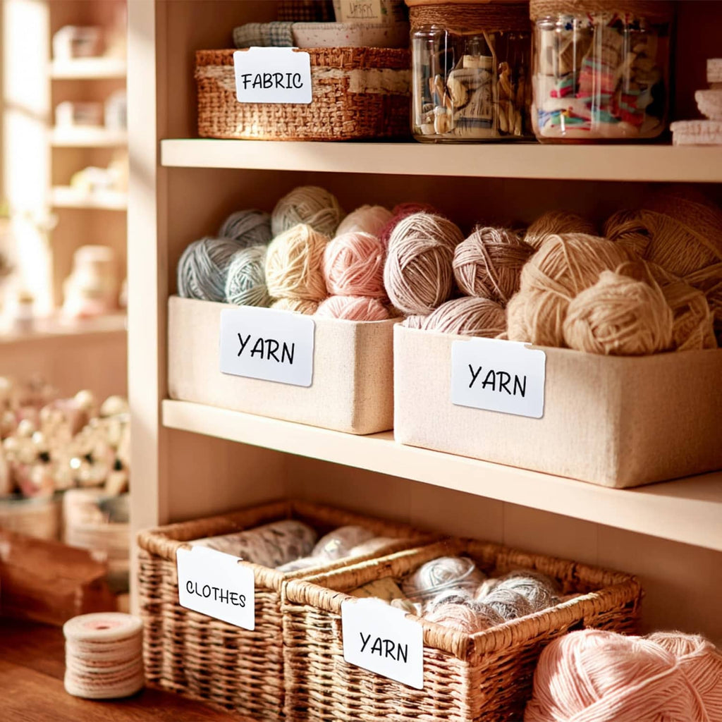 White label cards on woven baskets holding yarn balls and craft supplies