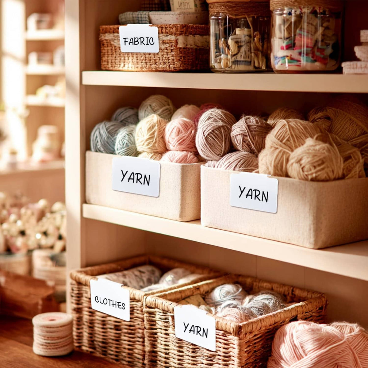 White label cards on woven baskets holding yarn balls and craft supplies