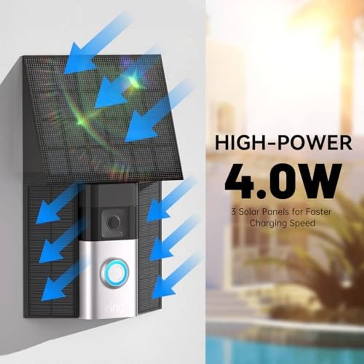 4.0W solar charger with black panel and blue-lit button, front view