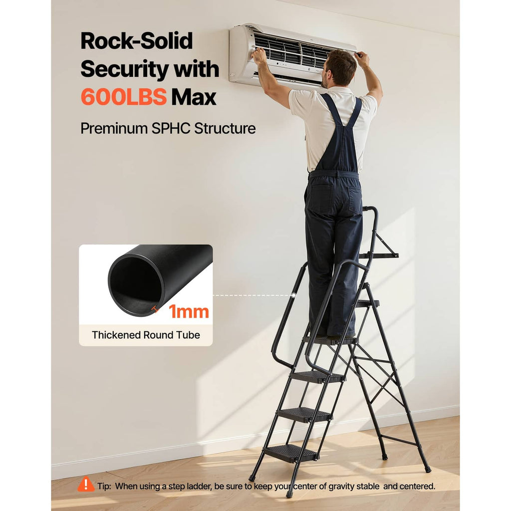 5-step steel folding ladder with thick round tube frame and stable platform steps