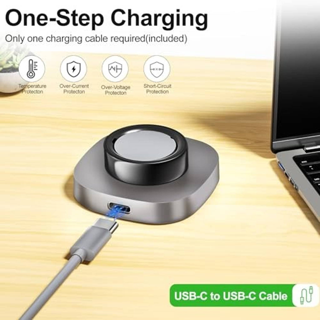 One-step charging dock with protective circuitry icons and USB-C cable